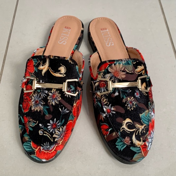 Marshalls Shoes - Velour/ Velvet Floral Backless Loafer/ Mule